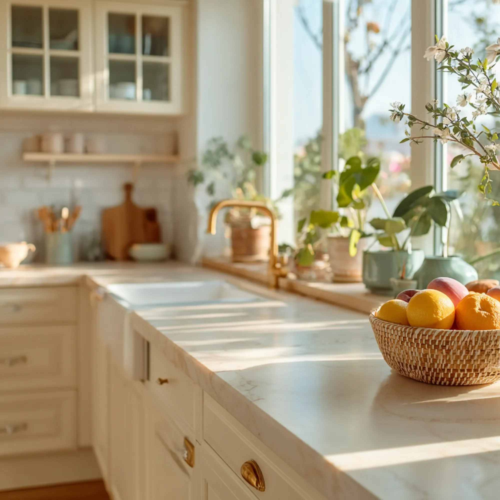 Sunlight streams through large windows illuminating a kitchen with white cabinets and a countertop. A woven basket filled with colorful fruits is on the counter in the foreground. Potted plants and trees are visible outside the windows.