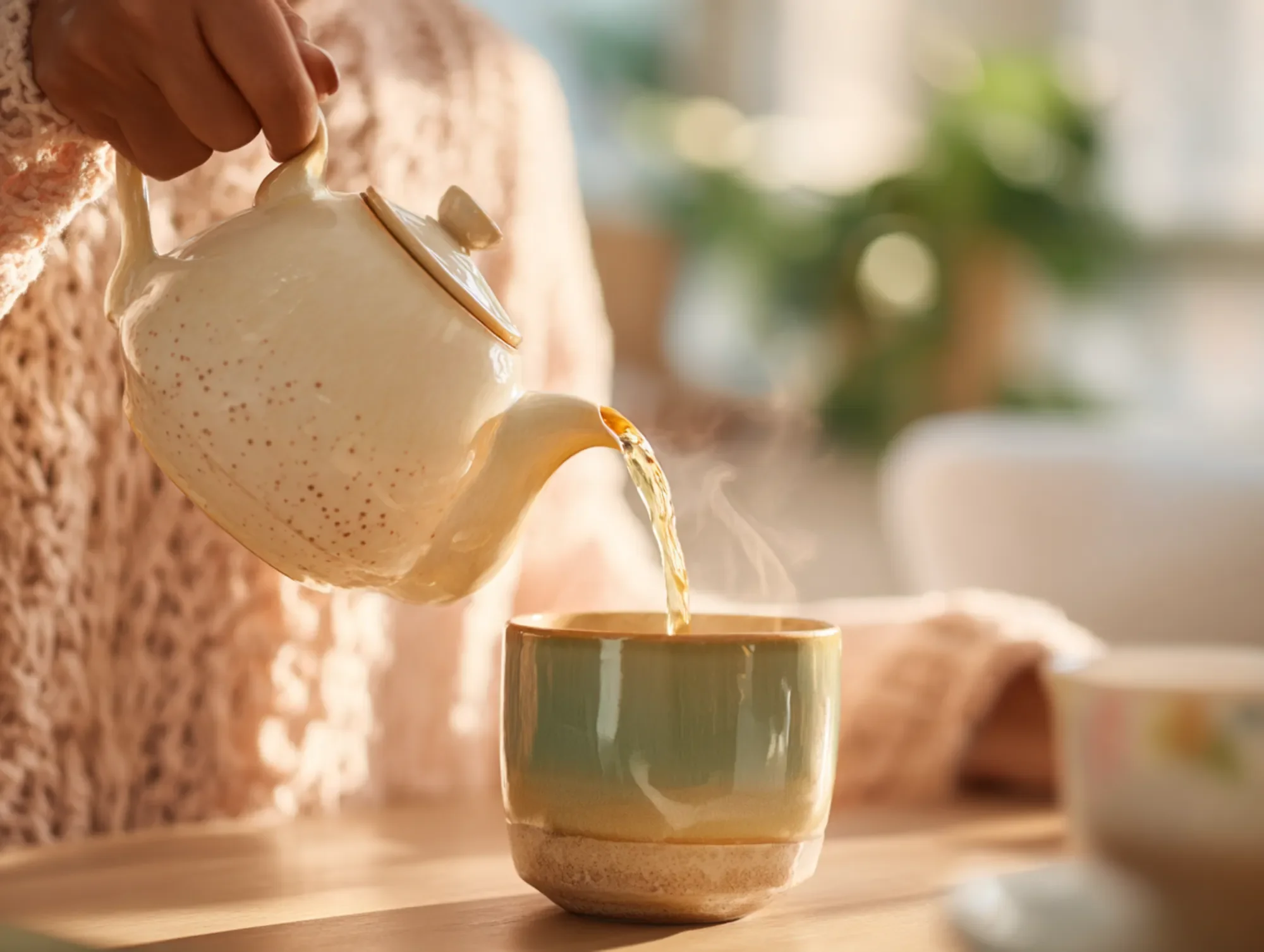 A cozy scene of a hand pouring tea from a teapot into a ceramic cup, with a blurred background.