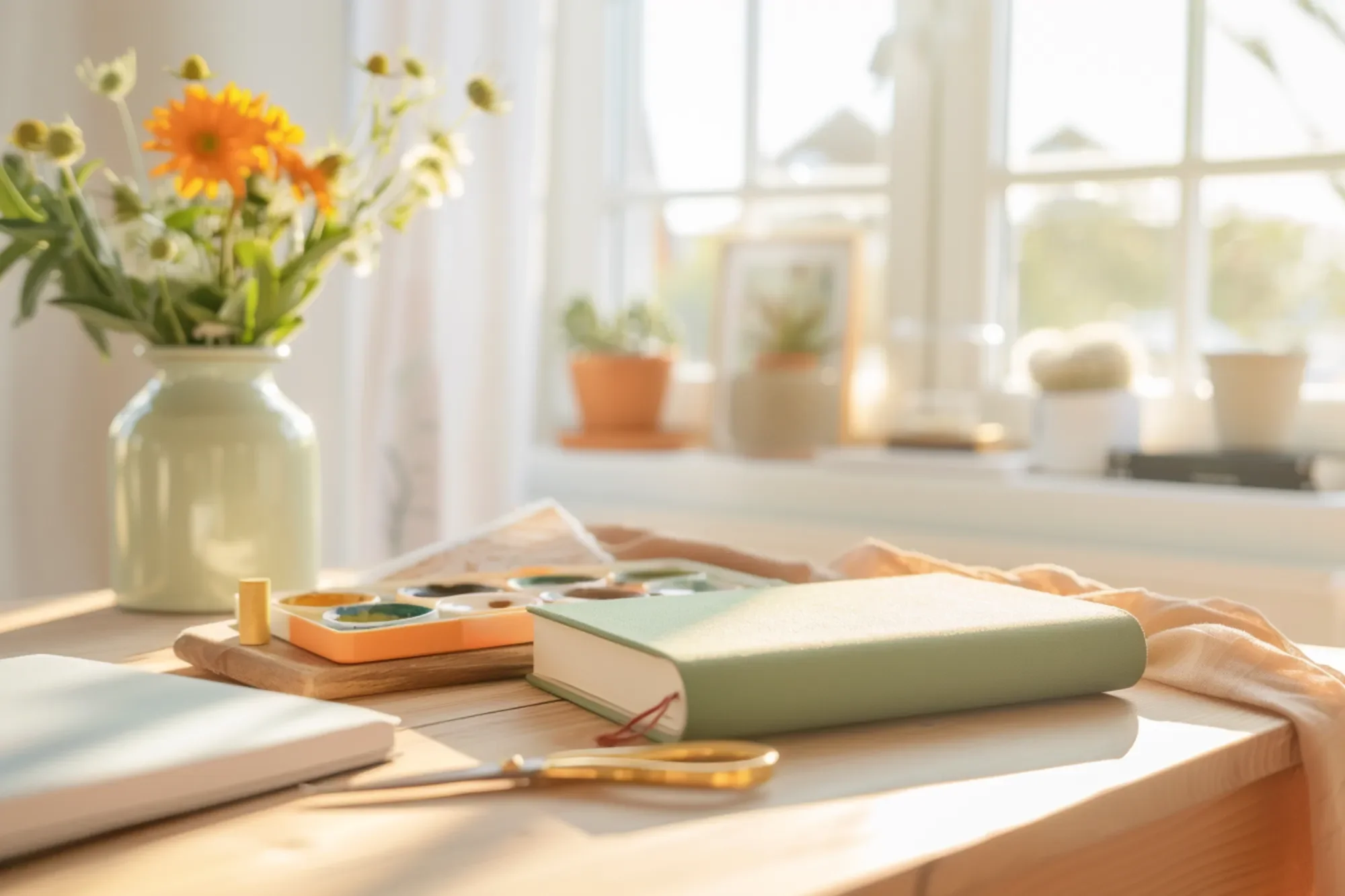 A wooden table with art supplies including a watercolor paint set, a notebook, scissors, and a sketchbook. In the background, there is a vase with bright yellow and orange flowers on a windowsill, illuminated by natural sunlight.
