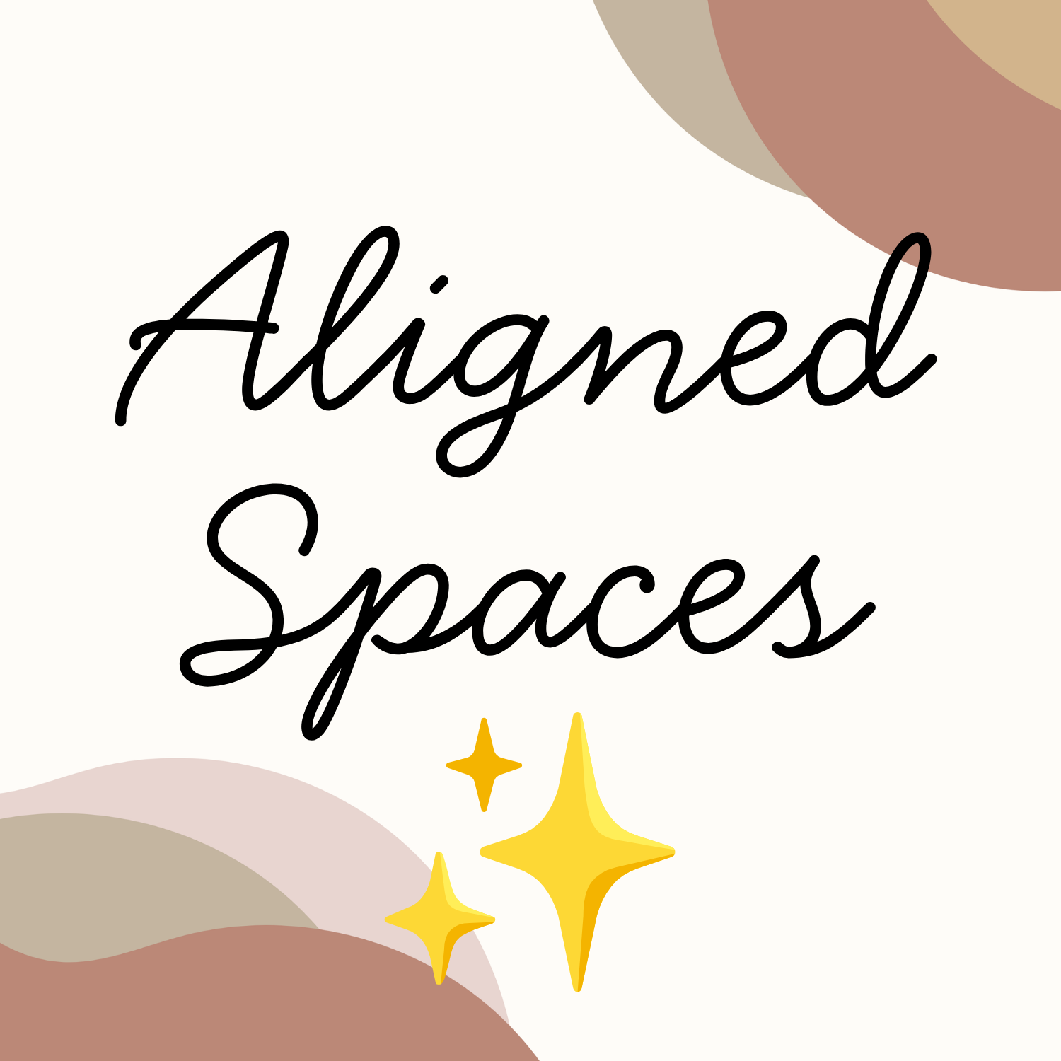 Stylized text saying 'Aligned Spaces' with background abstract shapes in earth tones and yellow star-like sparkles.