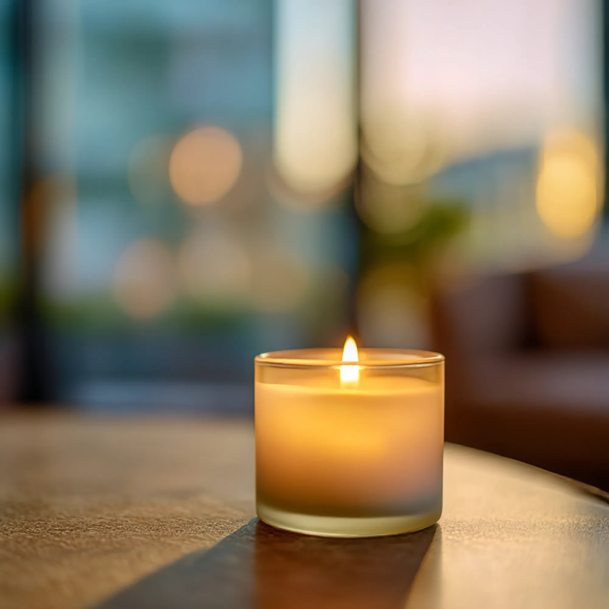 Close-up of a lit candle on a wooden surface with blurred background lights.