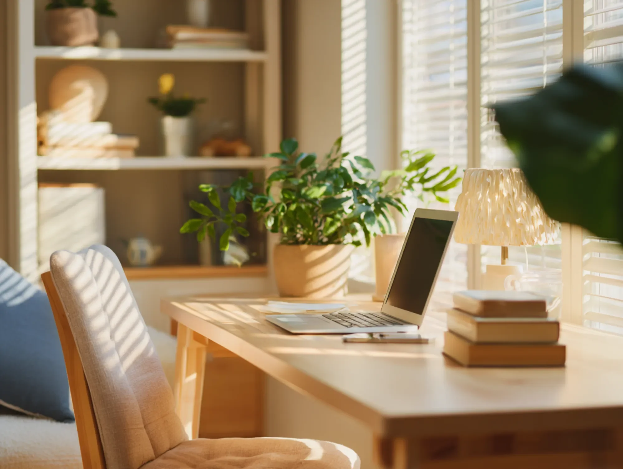Bright sunlit indoor workspace with a wooden table, a laptop, stack of books, a beige cushioned chair, green potted plants, a lamp, and shelves with decorative items in the background.