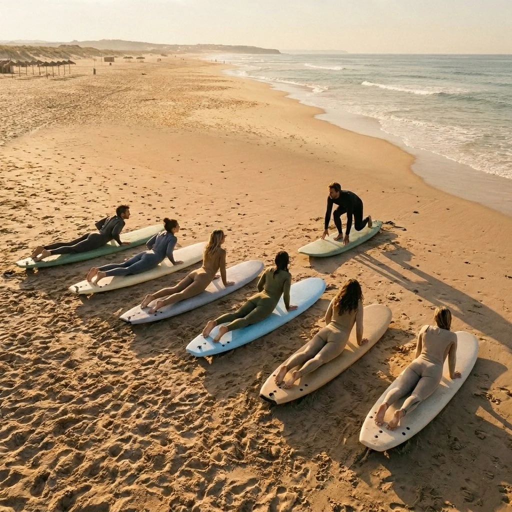 Grupo de pessoas participando de aula de yoga na praia, deitados em pranchas de surf durante o pôr do sol.