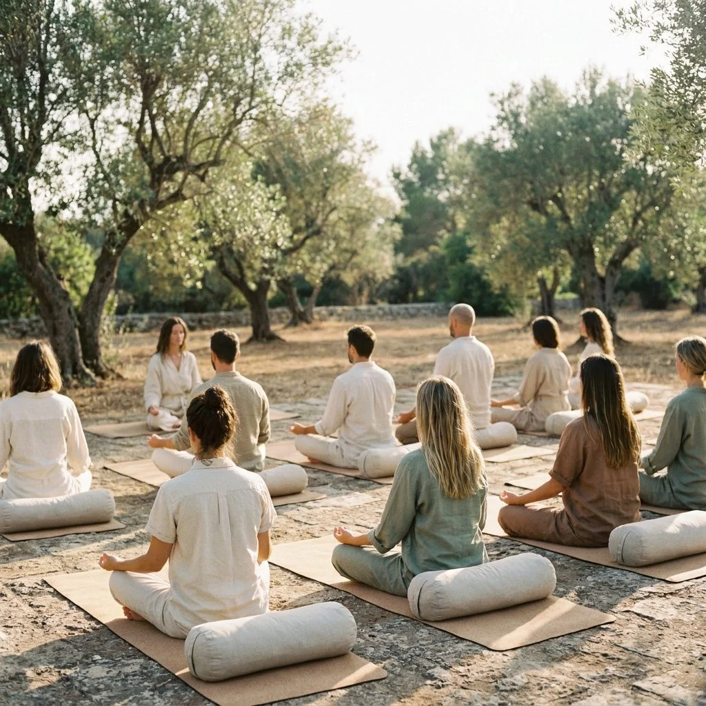 Grupo de pessoas participando de sessão de meditação ao ar livre em um parque, sentadas em almofadas, com árvores ao fundo e luz natural.