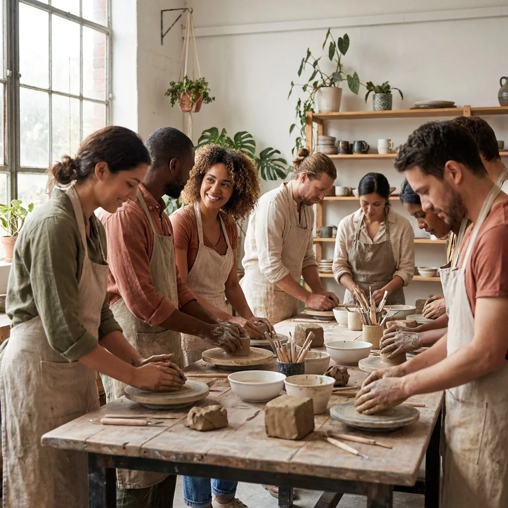 Grupo de pessoas em aula de cerâmica, trabalhando com argila em uma mesa de madeira, em ambiente bem iluminado e decorado com plantas.