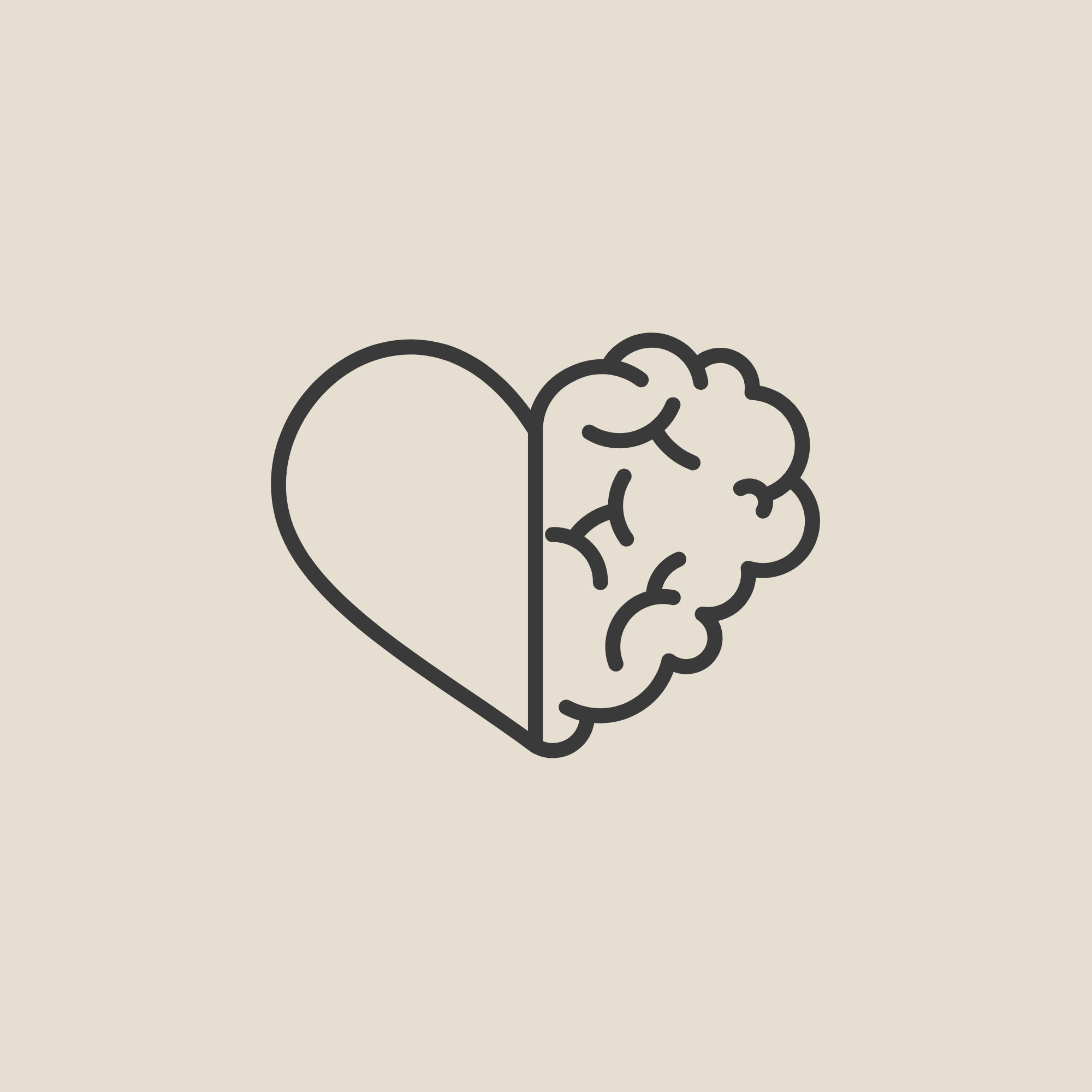 Ilustração simples de um cérebro e um coração conectados por uma linha, representando a conexão entre emoções e intelecto.