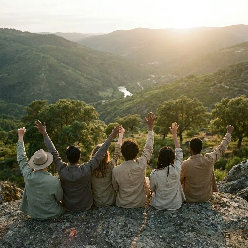 Seis pessoas sentadas em uma rocha com vista para uma paisagem de montanhas verdes e um rio durante o pôr do sol, com os braços levantados em comemoração.