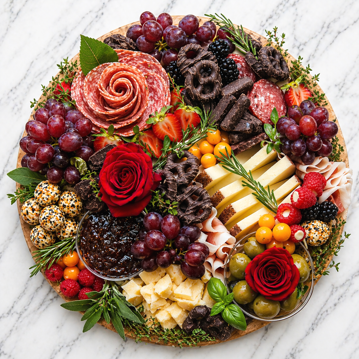 Charcuterie board with assorted cheeses, cured meats, grapes, strawberries, raspberries, blackberries, lemon and orange berries, chocolate, jam, and garnished with herbs and flowers.