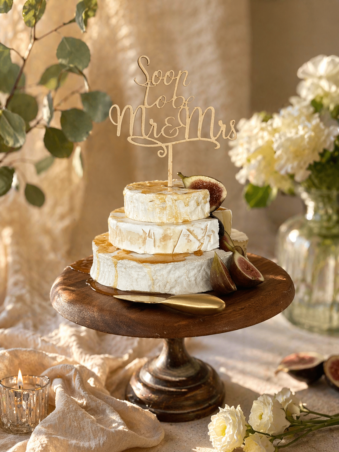 Three-layer cheese wheel wedding cake decorated with figs and topped with a 'Soon to be Mr & Mrs' sign on a wooden cake stand, surrounded by flowers and a candle.