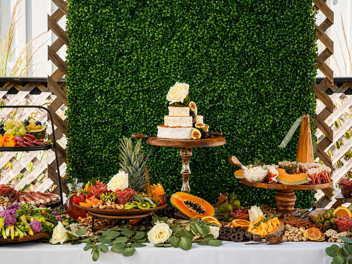 Display of a three-tiered cake with white frosting and candles, surrounded by various fruits, cheeses, and charcuterie on a table, with a green hedge wall and lattice in the background.