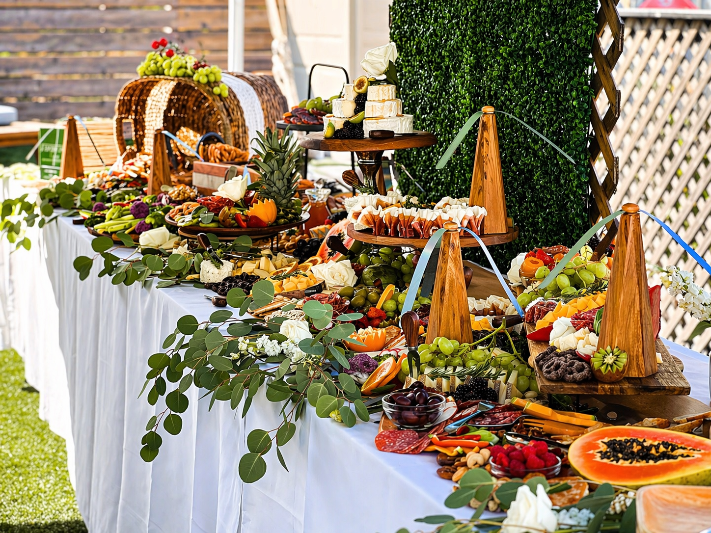 A table set with a variety of fruits, cheeses, and charcuterie at an outdoor event, decorated with green foliage and surrounded by a green hedge and wooden lattice fencing.