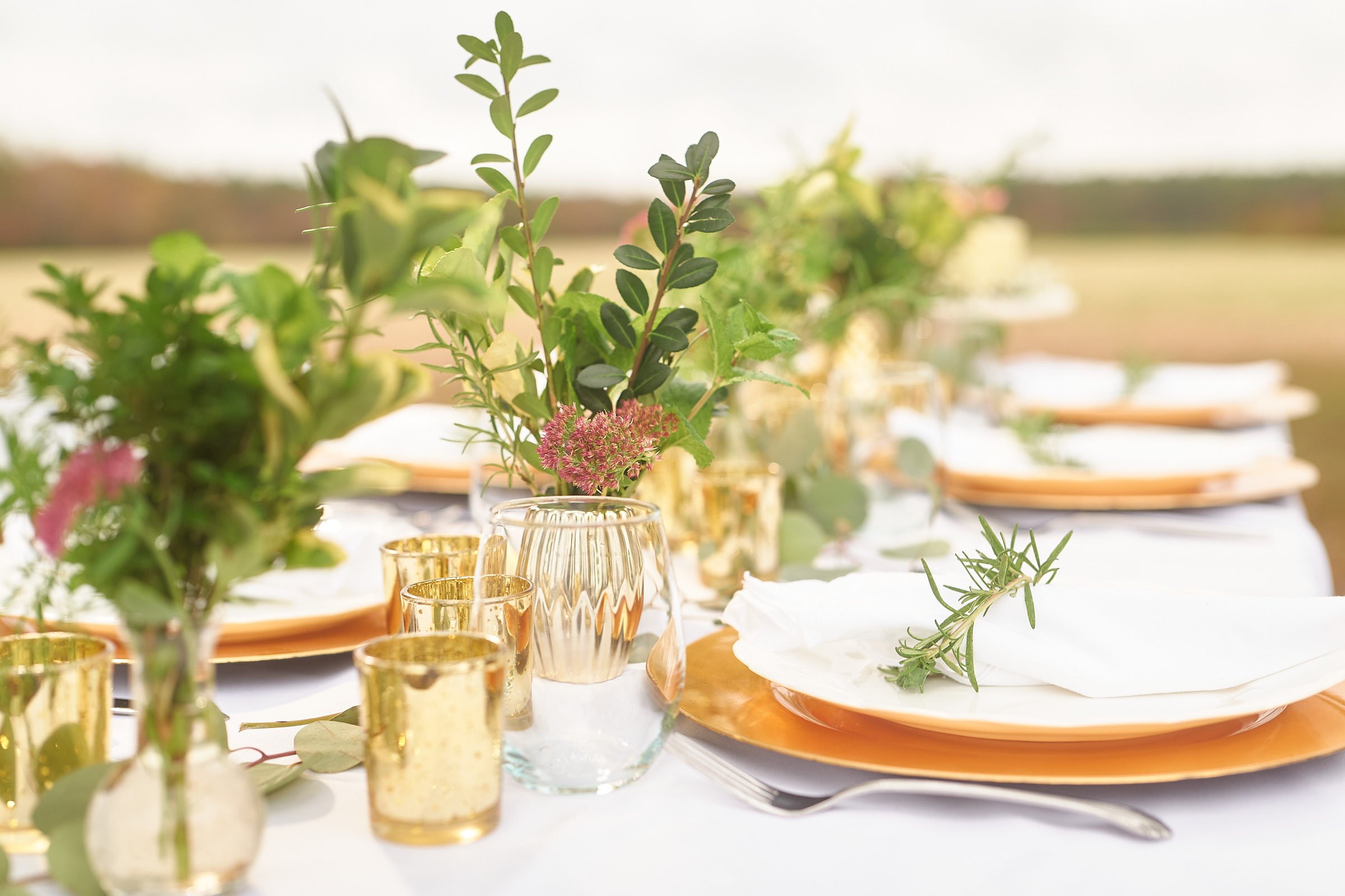 A table decorated with green plants and pink flowers in small vases, set with gold-rimmed glasses and orange chargers, with plates and napkins, outdoors with a bright sky in the background.