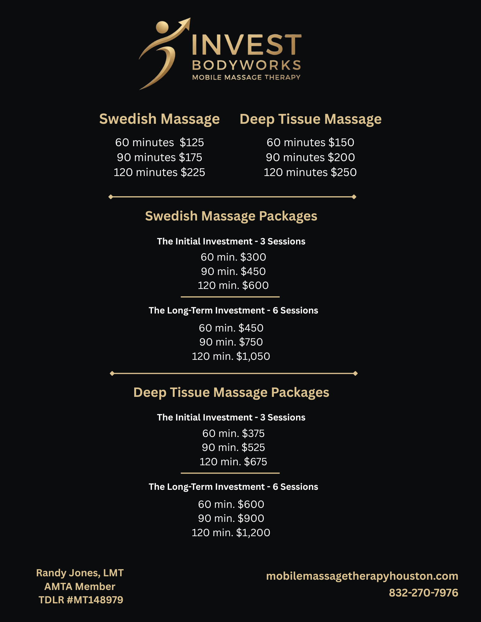 A list of pricing for swedish tissue and deep tissue massages and packages with Invest Wellness Bodyworks Mobile Massage Therapy.
