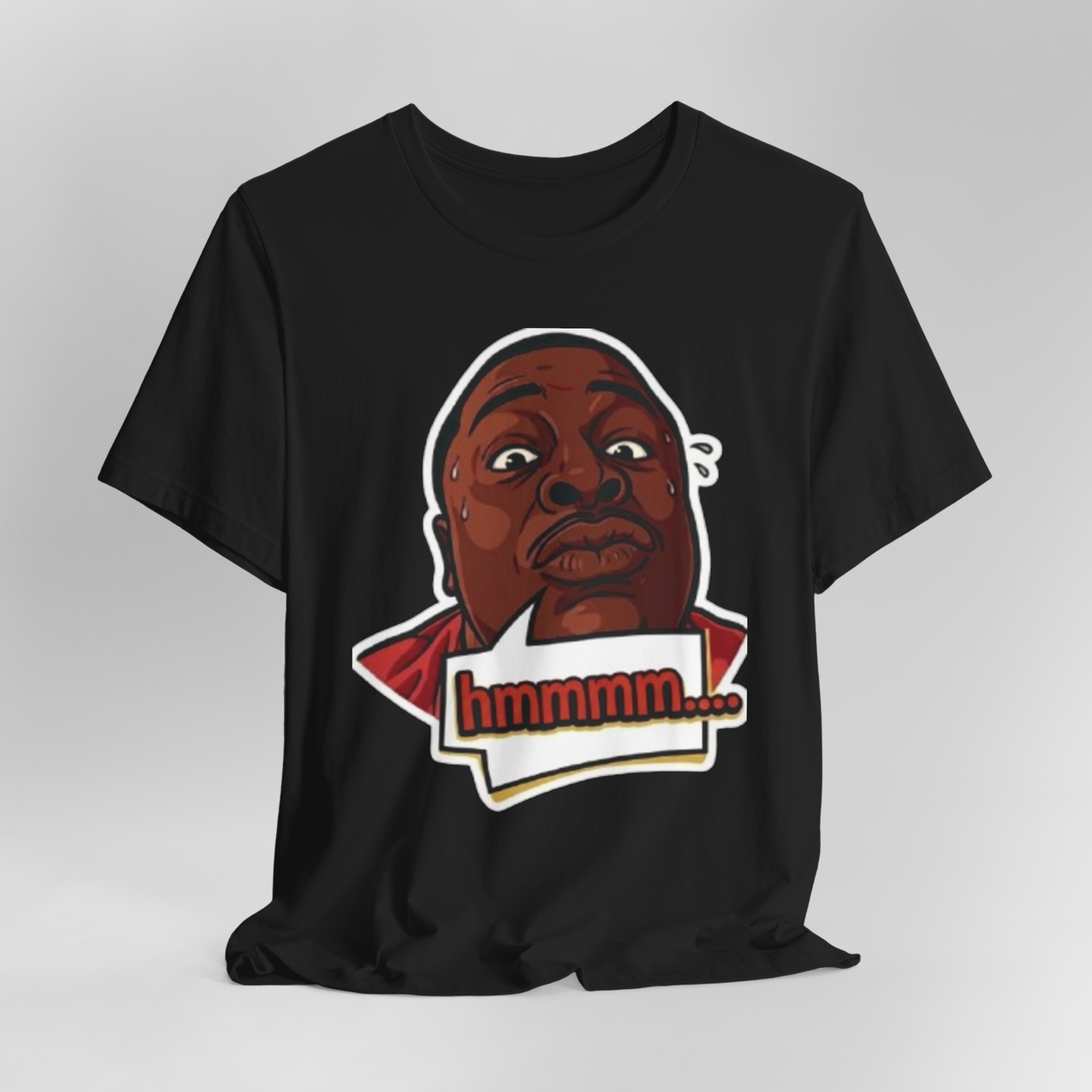 Original Hmmm Tee with viral reaction face from JQ Collection on black t-shirt