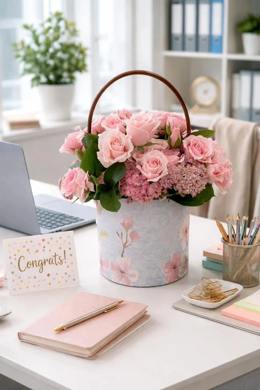 Un arreglo de flores rosas en una caja decorada con flores y hojas verdes en una oficina, con una tarjeta que dice 'Congratulaciones' en la mesa.