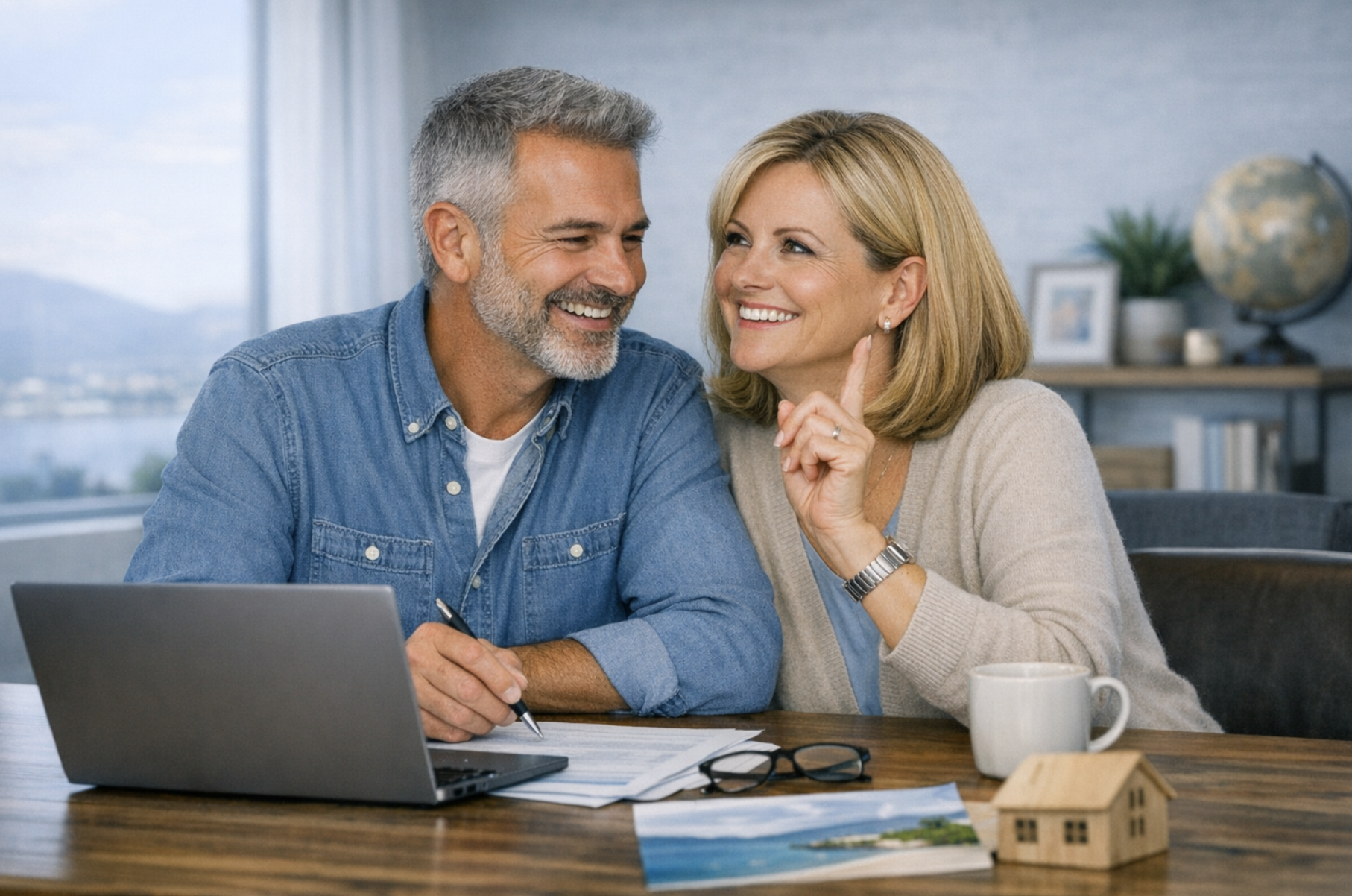 A middle-aged man and woman sitting at a wooden table, smiling and engaging in conversation. There are documents, a laptop, glasses, a mug, and a small model house on the table. The background shows a window with a city view and a shelf with a globe and framed photo.