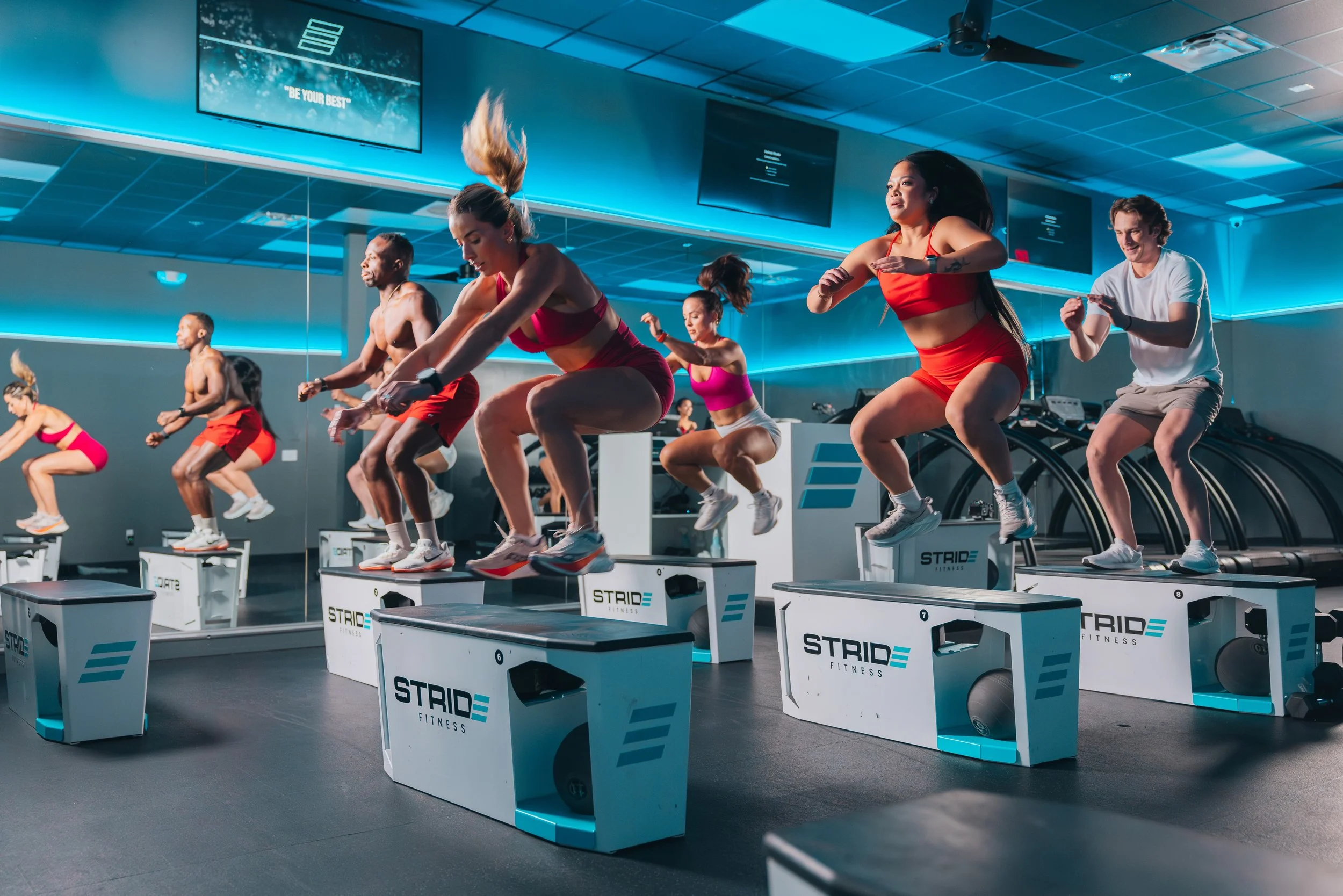 Two systems trained together. Treadmill intervals and total-body strength training, programmed to work in tandem. That's the way real performance is built, and it's what separates STRIDE Fitness from a standard cardio class or a basic weight room.