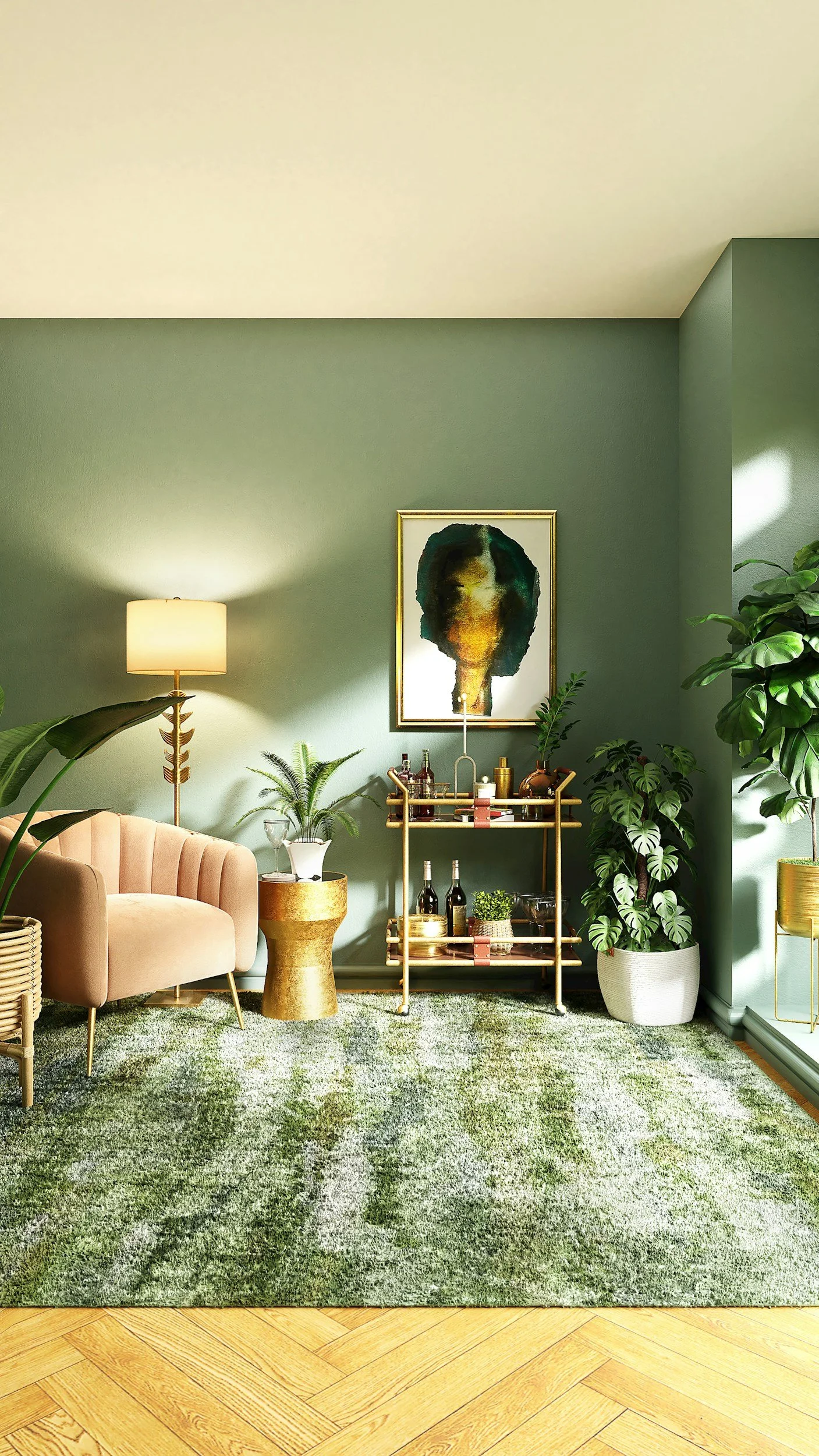 Living room with green walls, a pink velvet sofa, a gold side table, potted plants, a bar cart, a framed portrait of a woman on the wall, a standing lamp, and a green patterned rug on a wooden floor.