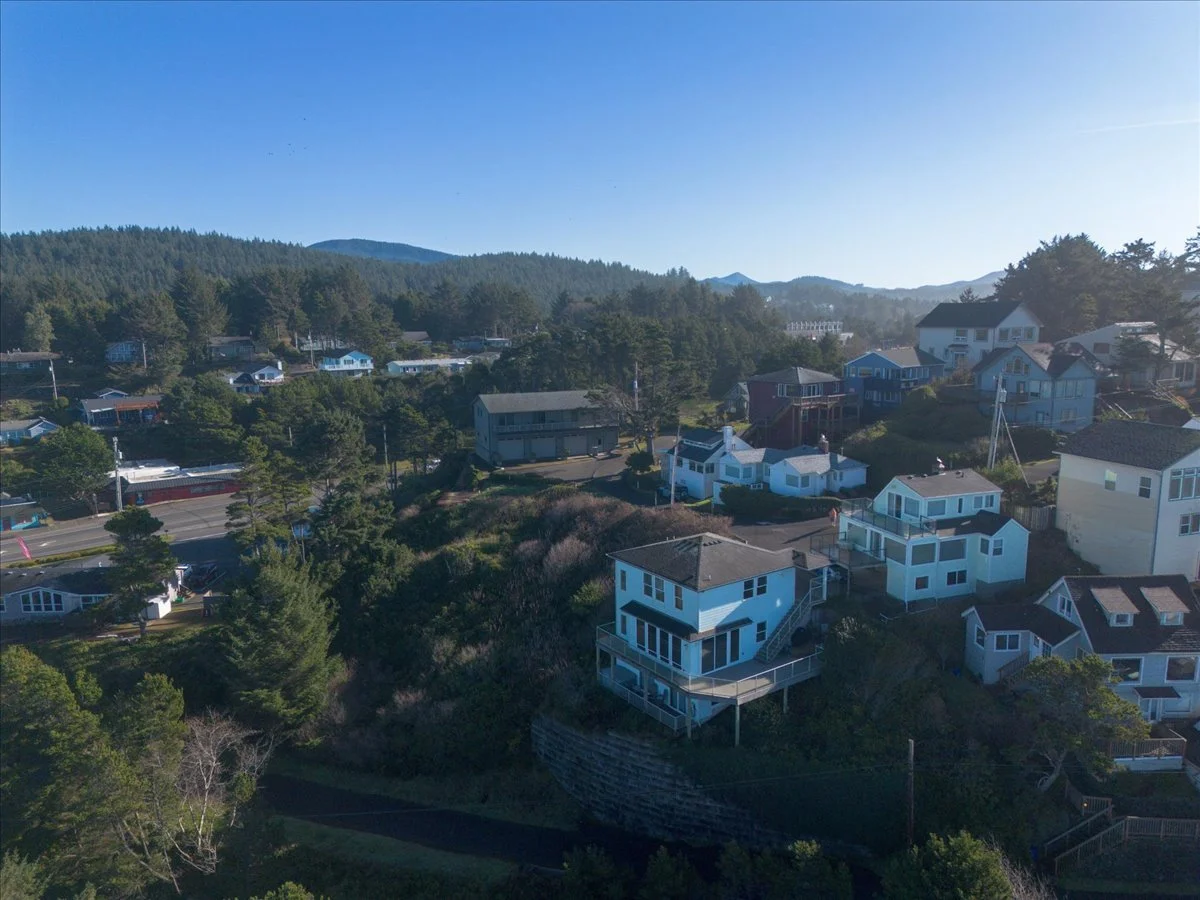 Aerial view of a coastal residential neighborhood with houses on a hillside, trees, and distant mountains under a clear blue sky.
