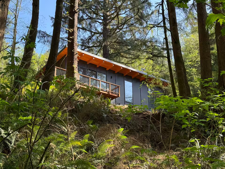 A modern house with large glass windows and a small balcony, situated on a forested hillside surrounded by tall trees and lush green vegetation.