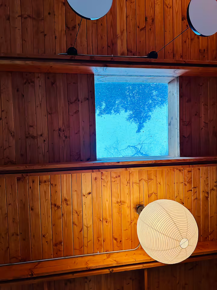 Low-angle view of a ceiling with wooden panels, a round paper lantern light, and a window showing trees and blue sky.