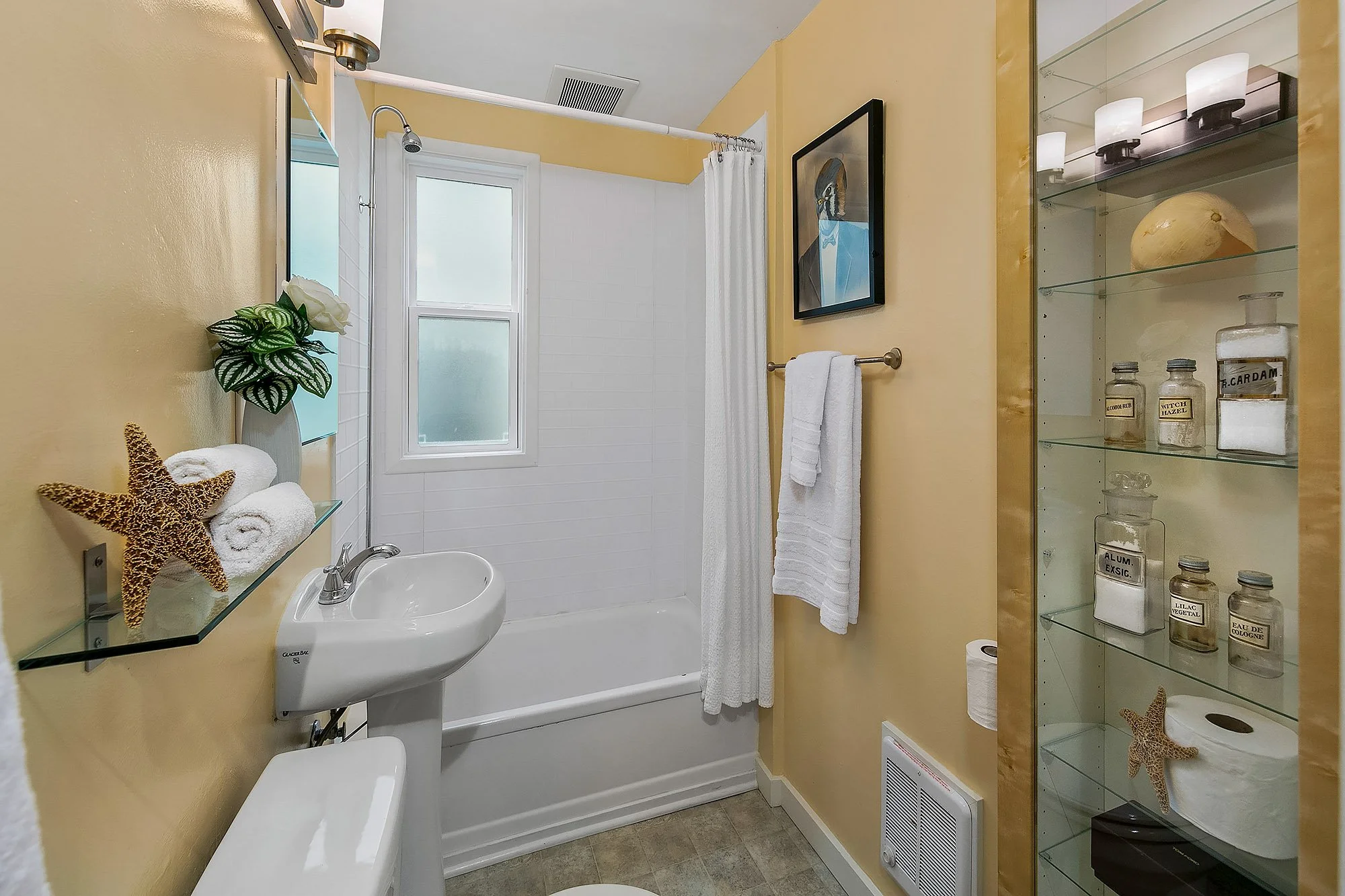 Small bathroom with yellow walls, white fixtures, and a shower with frosted window. Decor includes a starfish, rolled towels, and a potted plant. Shelves with glass bottles and jars, and a framed artwork of a dog in a suit wearing glasses.