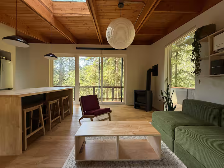 Living room with wooden ceiling, large windows showing trees, green sofa, wooden coffee table, red chair, and fireplace.