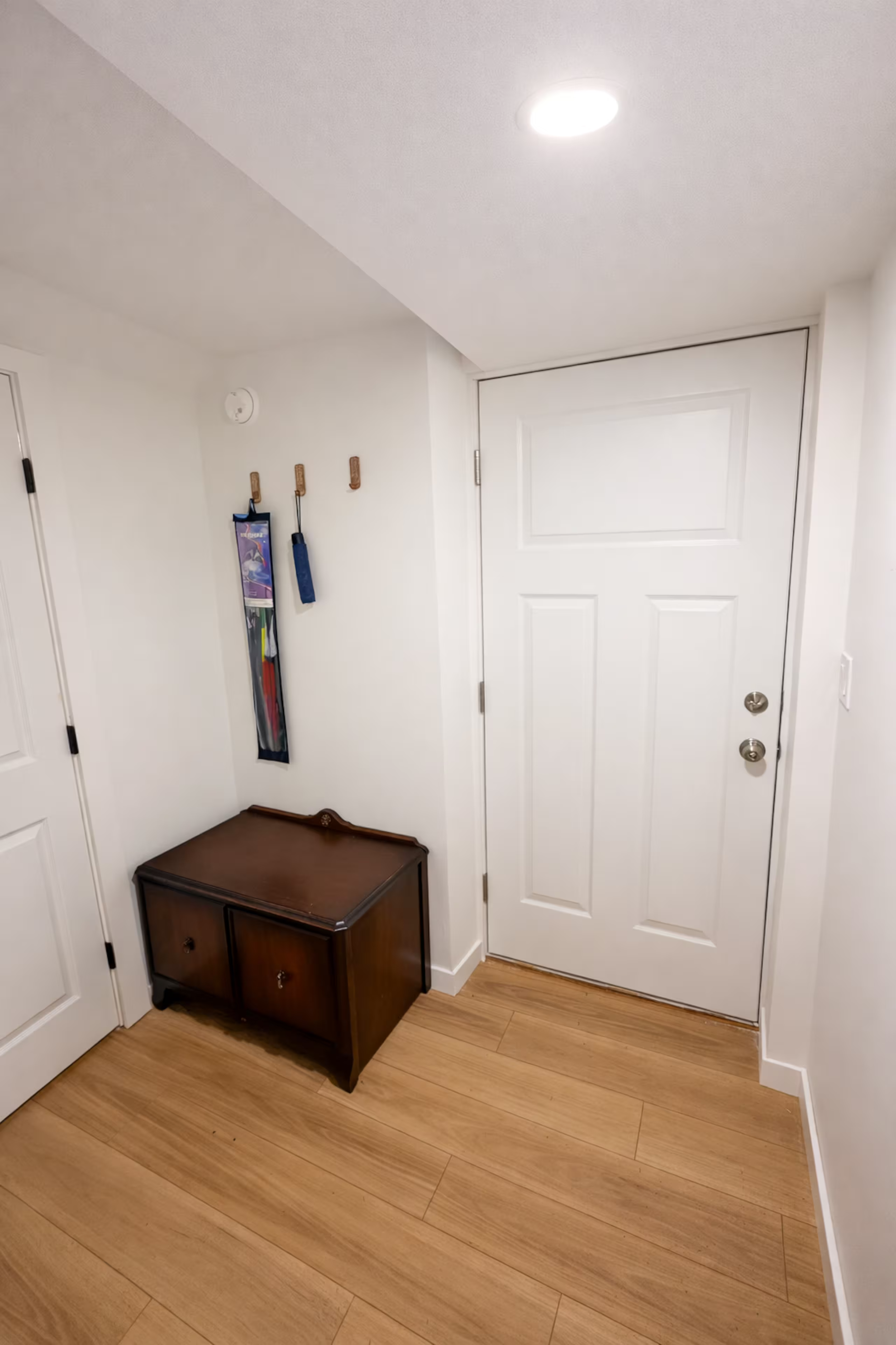 Entryway with white door, wooden flooring, wall hooks, a small wooden cabinet, and a part of a closet door.