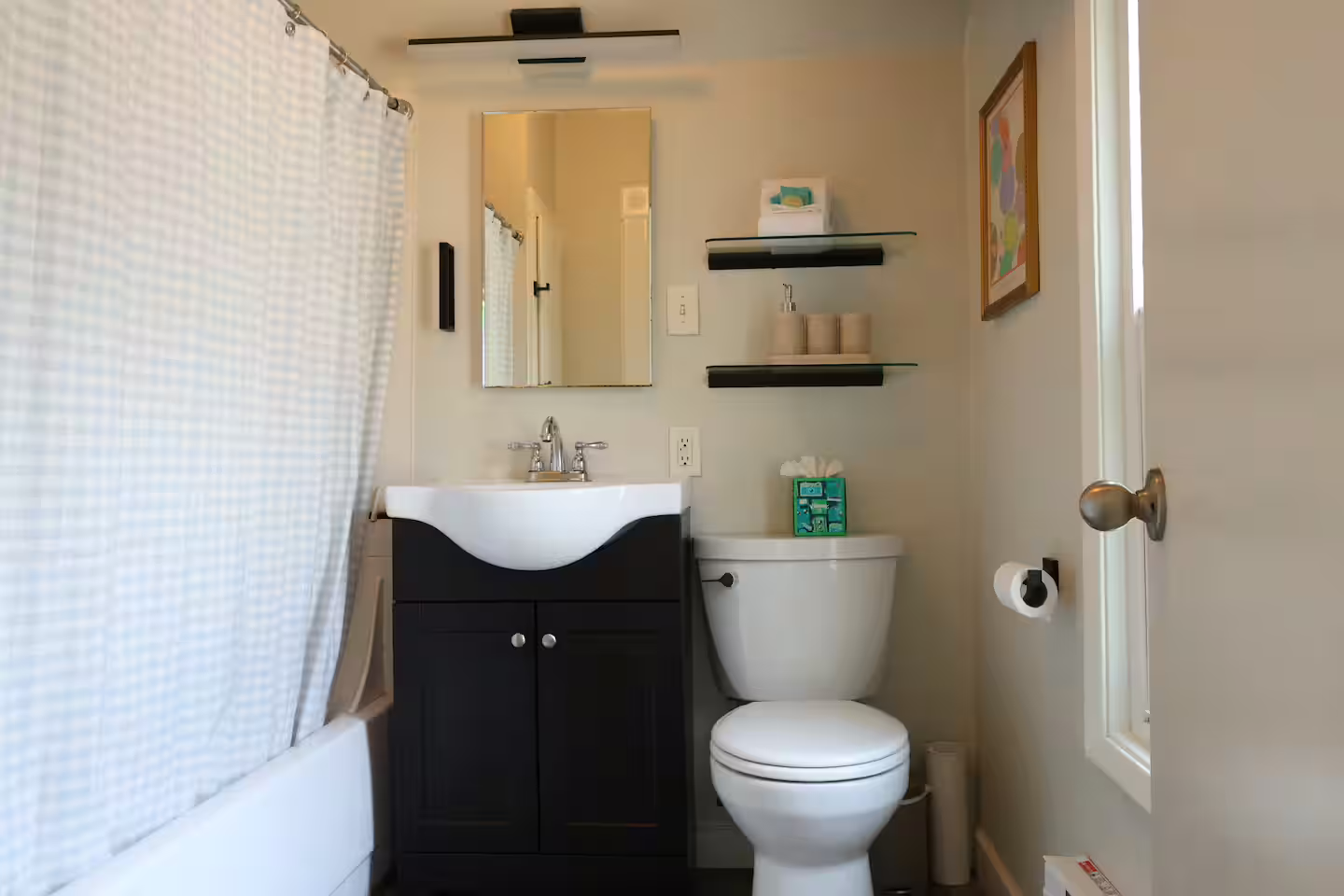 Small bathroom with a shower, black vanity with sink, mirror, toilet, wall shelves, tissue box, and artwork.