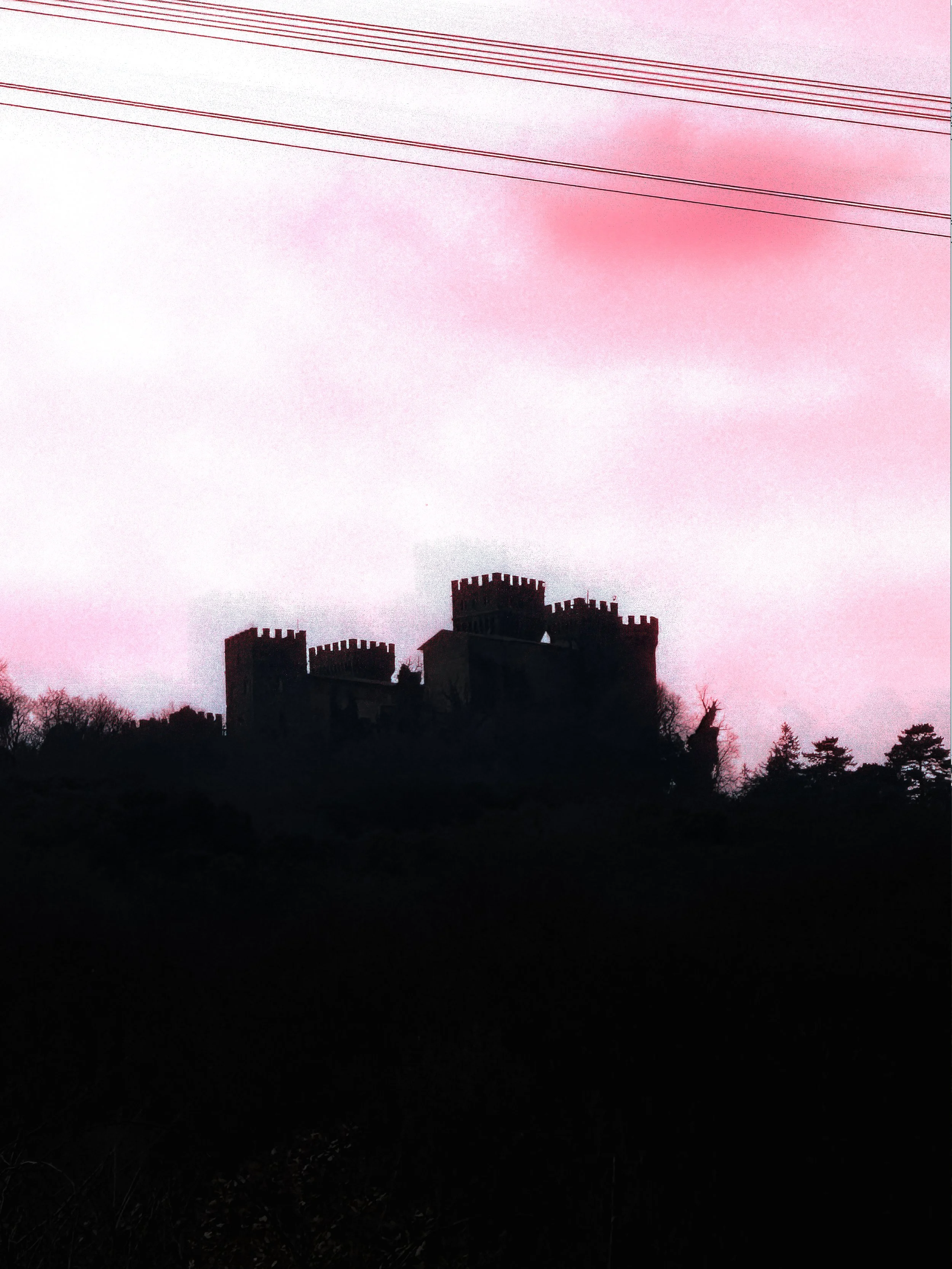 Silhouette of a castle-like structure with towers on a hill against a pink and purple sky, viewed from a dark foreground with trees and shrubs.