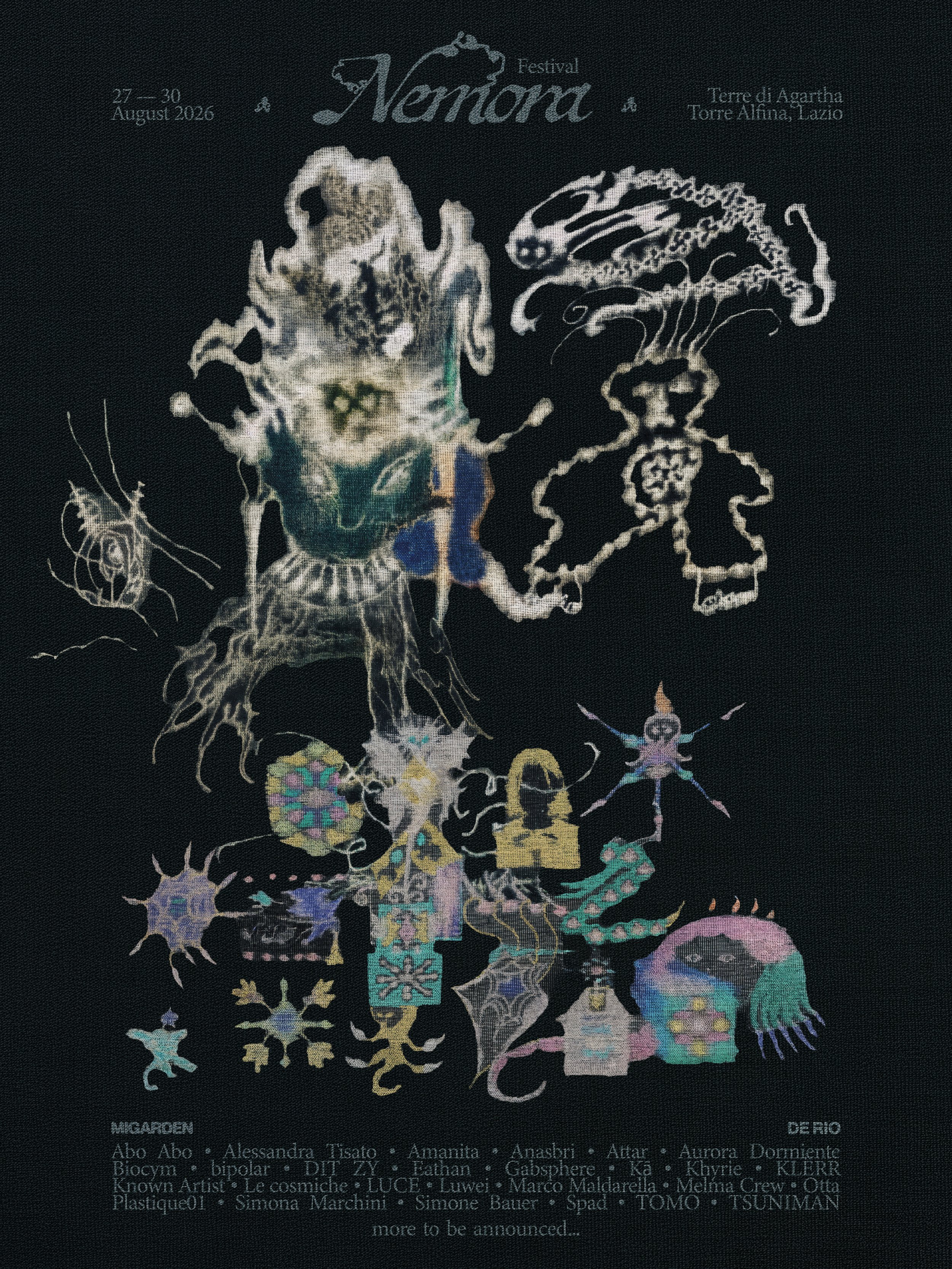 Poster for Nona Festival 2026, featuring intricate, colorful illustrations of various fantasy and mythological creatures on a black background, with information about the event dates and location in Italy.