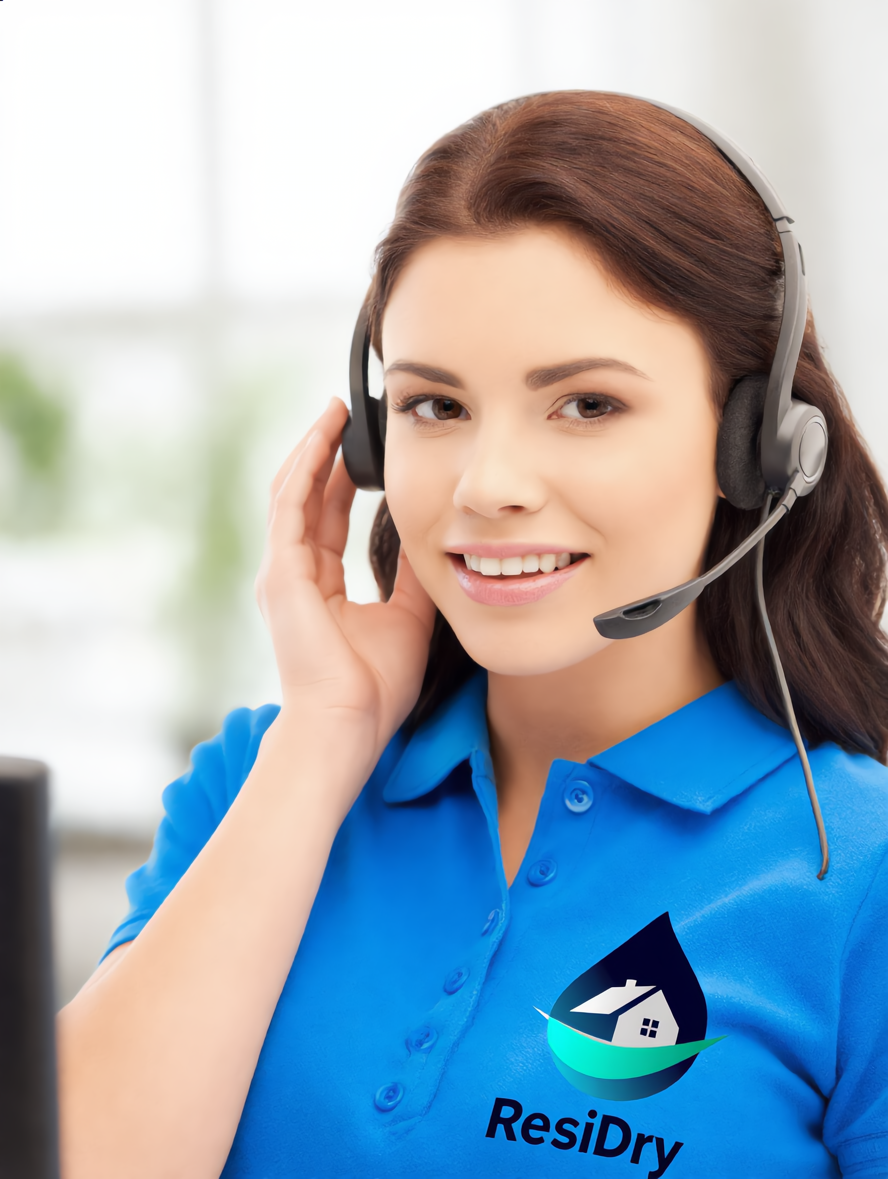 A woman with long brown hair wearing a blue polo shirt with a ResiDry logo, smiling, and adjusting a headset.