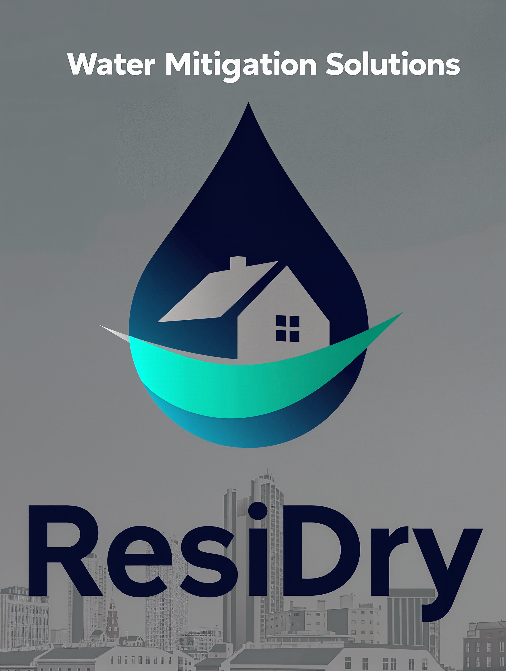 A graphic featuring a large water droplet with a house inside it, and a stylized green and blue swoosh, accompanied by the text 'Water Mitigation Solutions' and 'ResiDry' in the background.