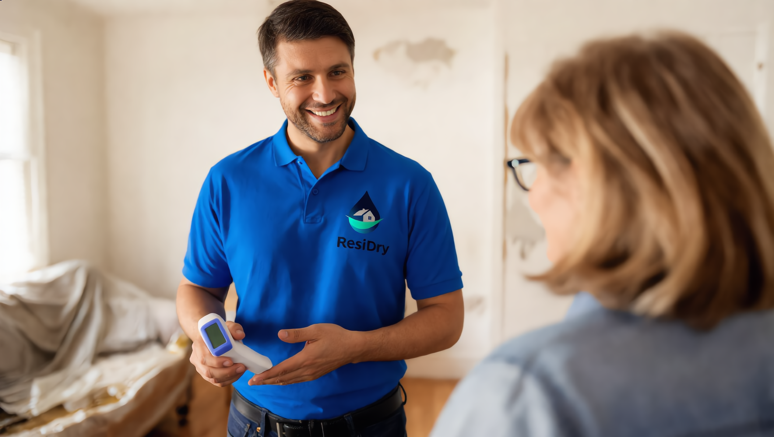 A man in a blue polo shirt labeled 'ResiDry' is smiling and holding a thermometer device while talking to a woman with glasses inside a room with a torn wall and a bed.