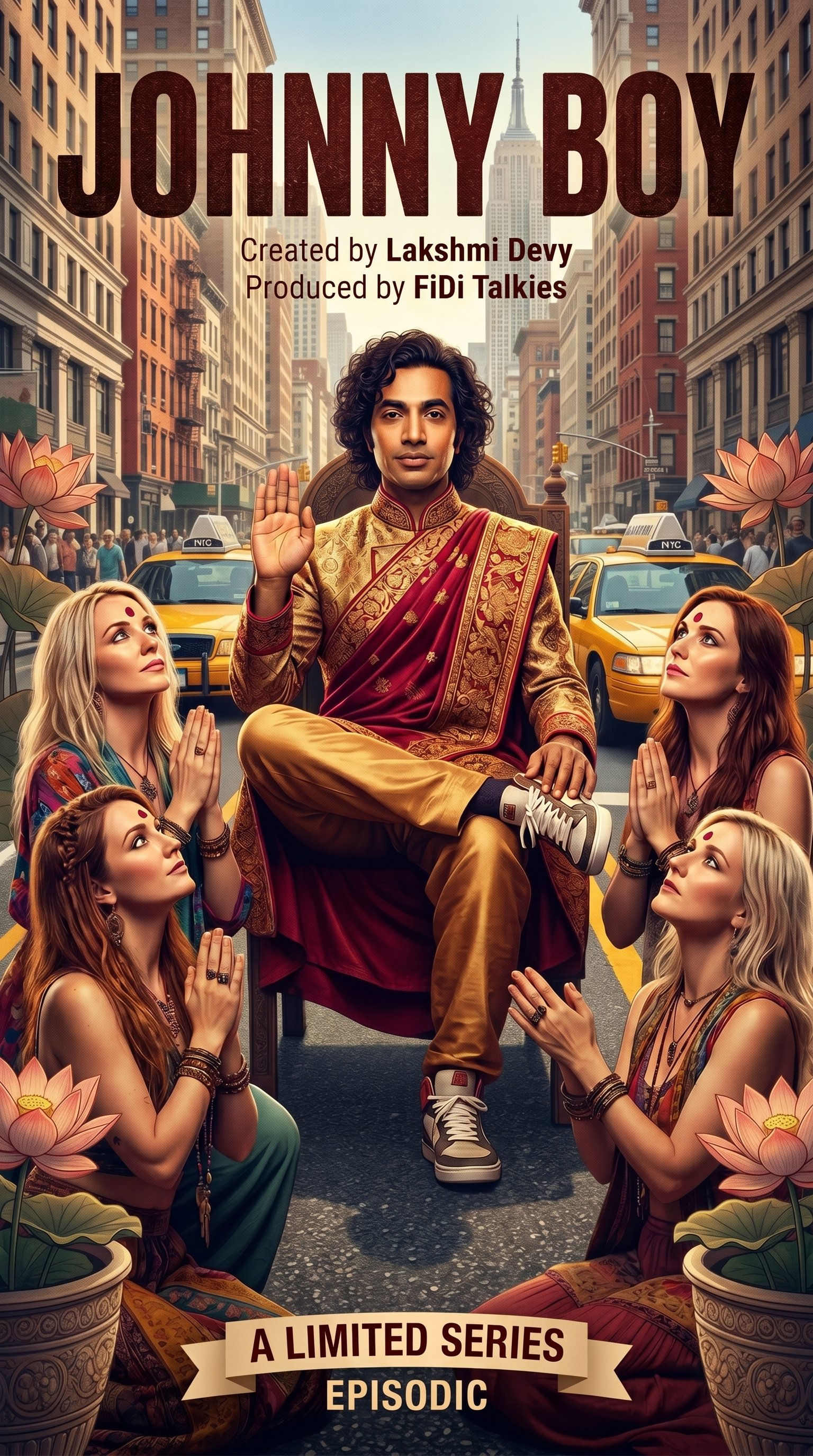 Promotional poster for a limited series titled "Johnny Boy" featuring a man in traditional Indian attire seated on a chair in the middle of a city street, surrounded by four women with their hands in a prayer position, and yellow taxis in the background.