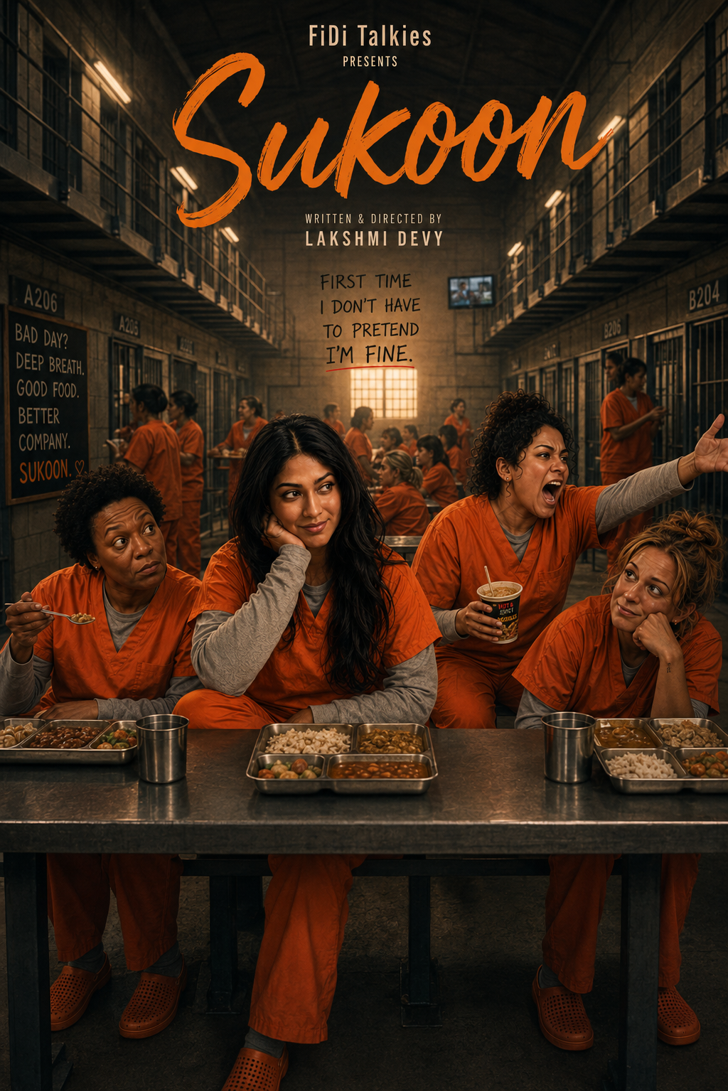 A group of women sitting at a cafeteria table in prison, wearing orange uniforms and eating food. One woman is shouting and gesturing passionately, while others appear tired or contemplative. The background shows more inmates in similar attire in a prison setting, with metal cell doors and a small TV on the wall.