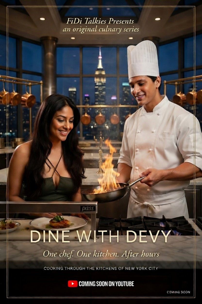 A woman and a chef in a restaurant kitchen with a city skyline view at night. The chef is cooking with a pan that has flames, and the woman is smiling and looking at the chef. The image promotes a series called 'Dine with Devy'.