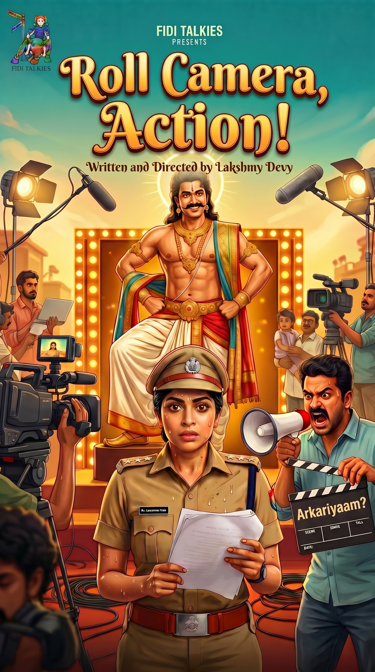 Poster for the Indian movie 'Roll Camera, Action!', written and directed by Lakshmy Dev, featuring actors in police uniform, film crew, and a hero in traditional attire on stage with bright lights.