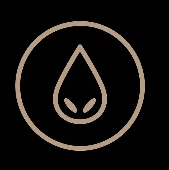 Minimalist icon of a water droplet with a leaf inside, enclosed in a circle, on a black background.