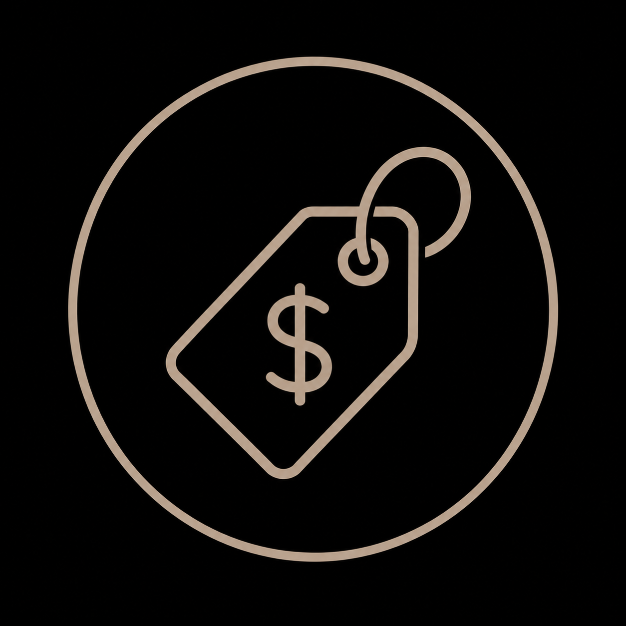White outline of a price tag with a dollar sign, surrounded by a circle, against a black background.