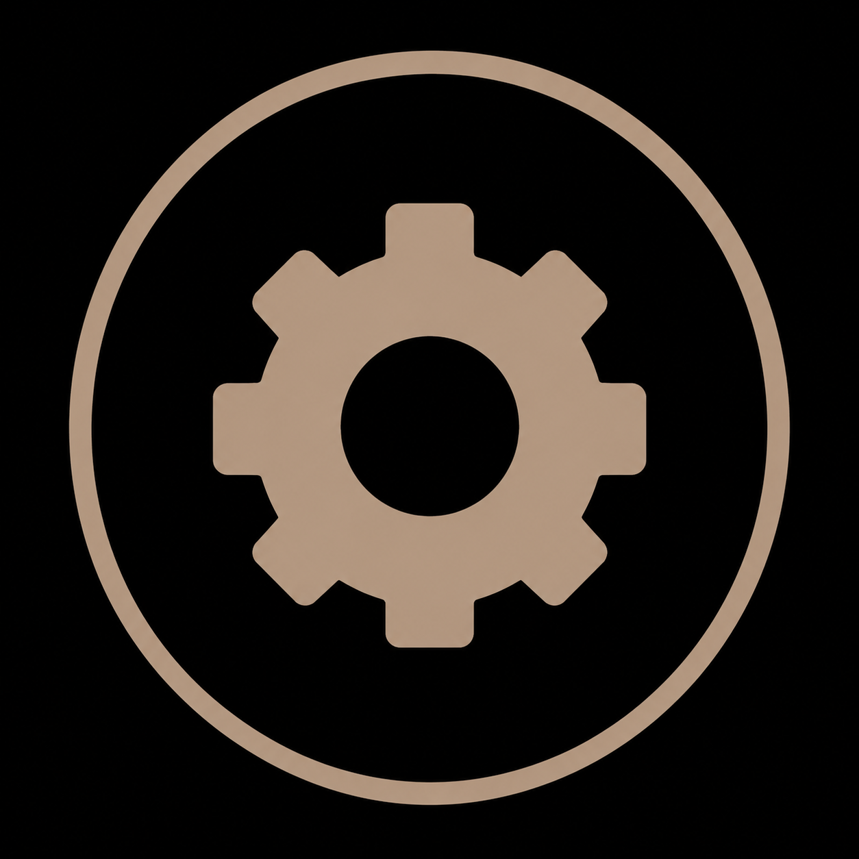 A gear icon inside a circle on a black background.