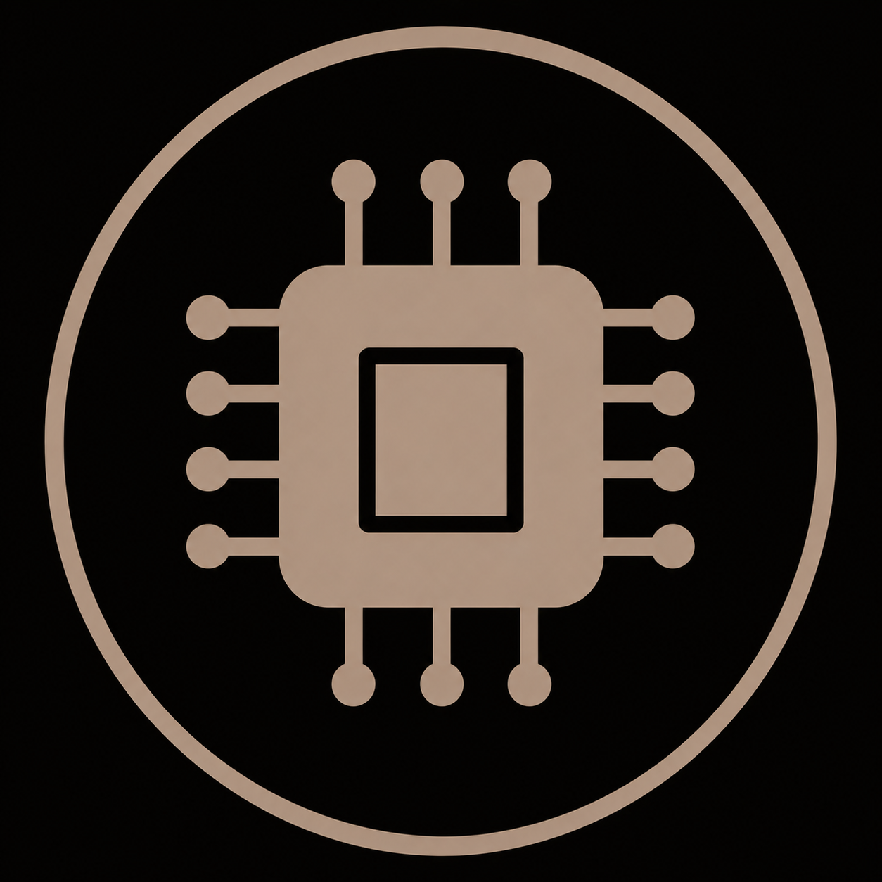 Icon of a computer chip or microchip, enclosed in a circle.