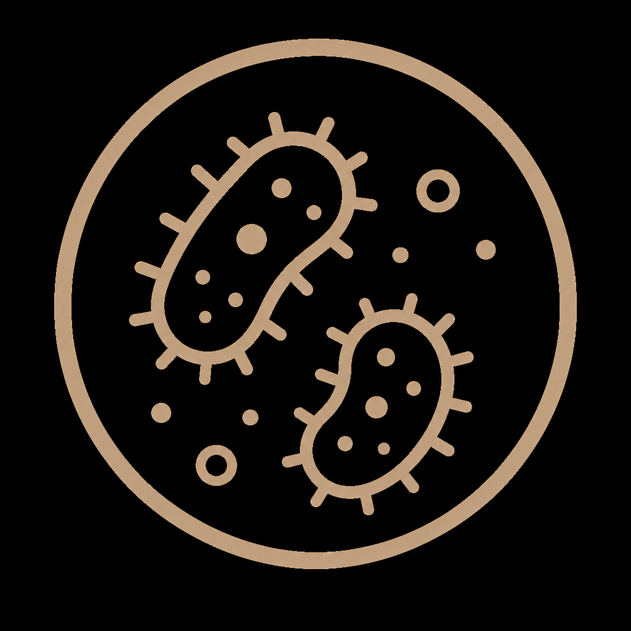 Graphic of two bacteria or germs inside a circle, with smaller circles representing particles, on a black background.
