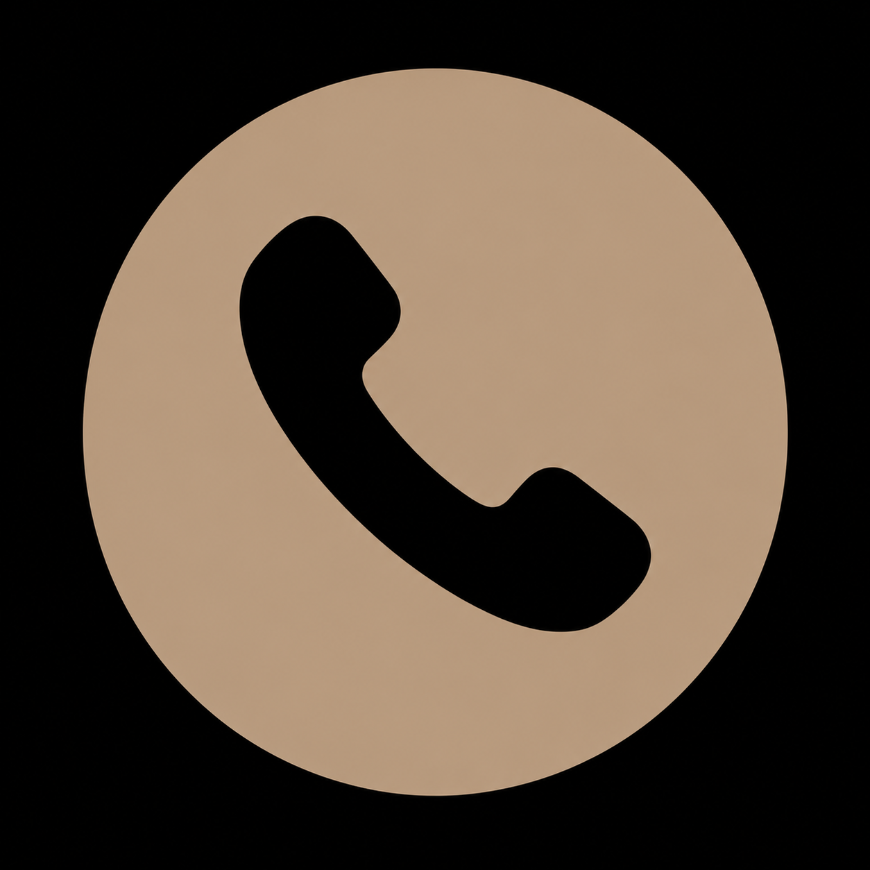 A phone icon with a black handset inside a beige circle on a black background.