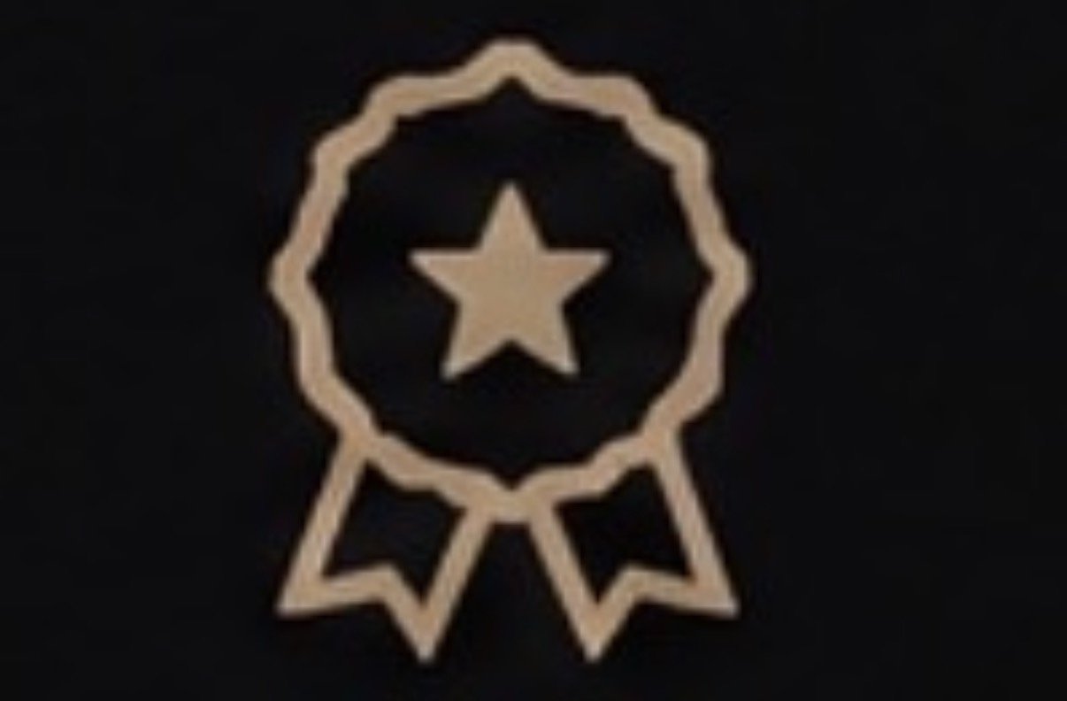 Gold medal or ribbon with a star in the center on a black background.