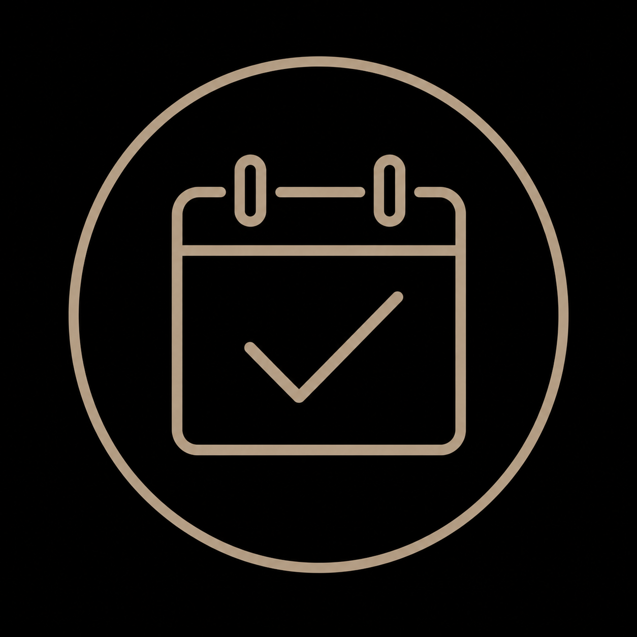 Neon sign of a calendar with a checkmark inside, enclosed in a circle.