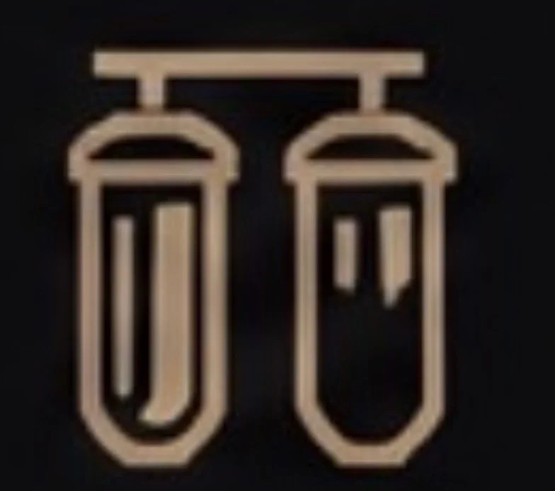 Illustration of two test tubes hanging from a rack, one filled with a liquid and the other empty.