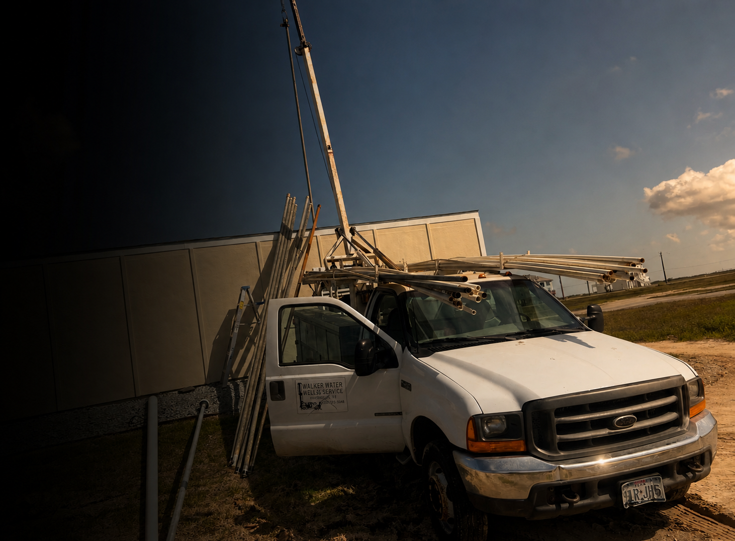 Walker Water Well service truck performing residential well and pump repair in Brazoria County Texas