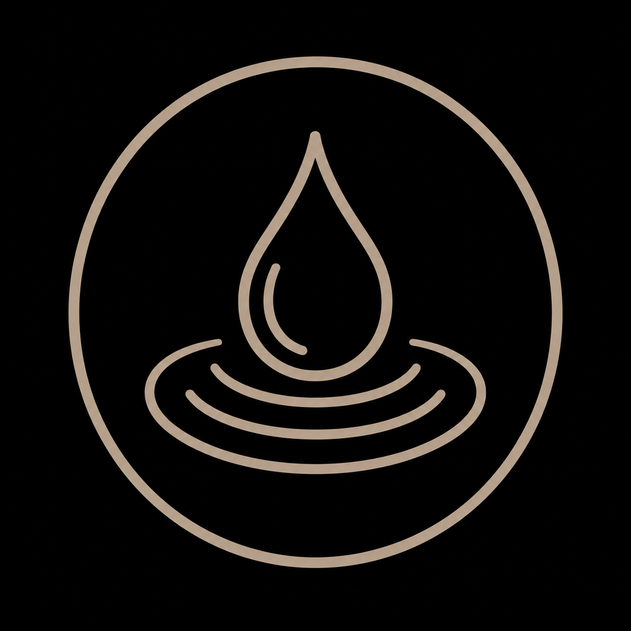 Line drawing of a water droplet with ripples inside a circle.