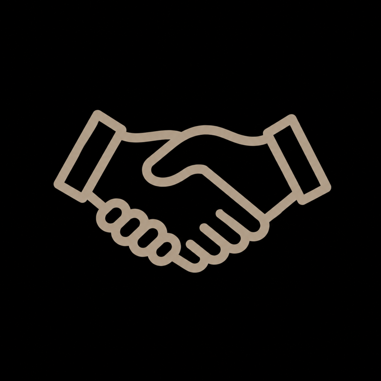 Icon of two hands shaking, representing agreement or partnership, set against a black background.
